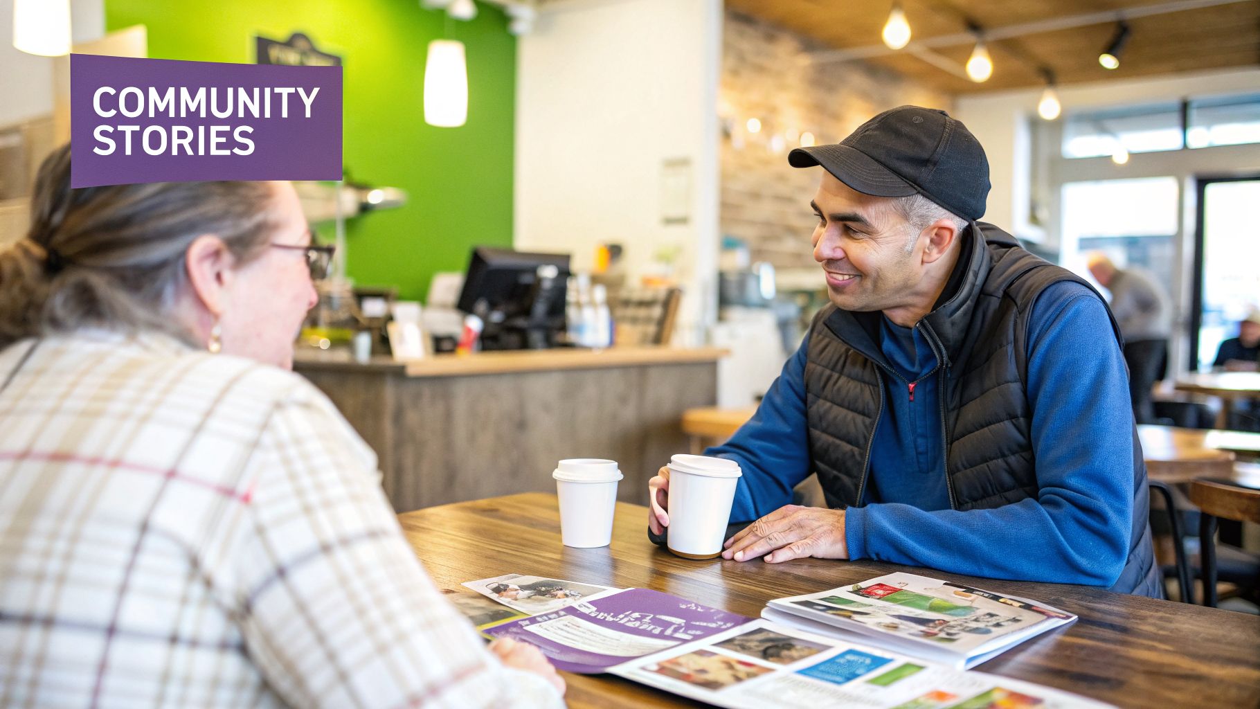 Two people smiling and conversing over coffee and brochures at a community center table.