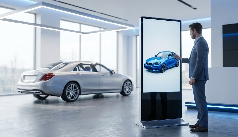Cliente num concessionário moderno interage com um totem digital tátil para visualizar e personalizar um veículo.
