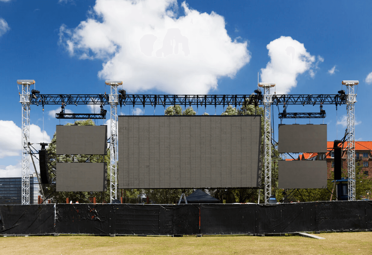 Outdoor stage structure with large projection screens