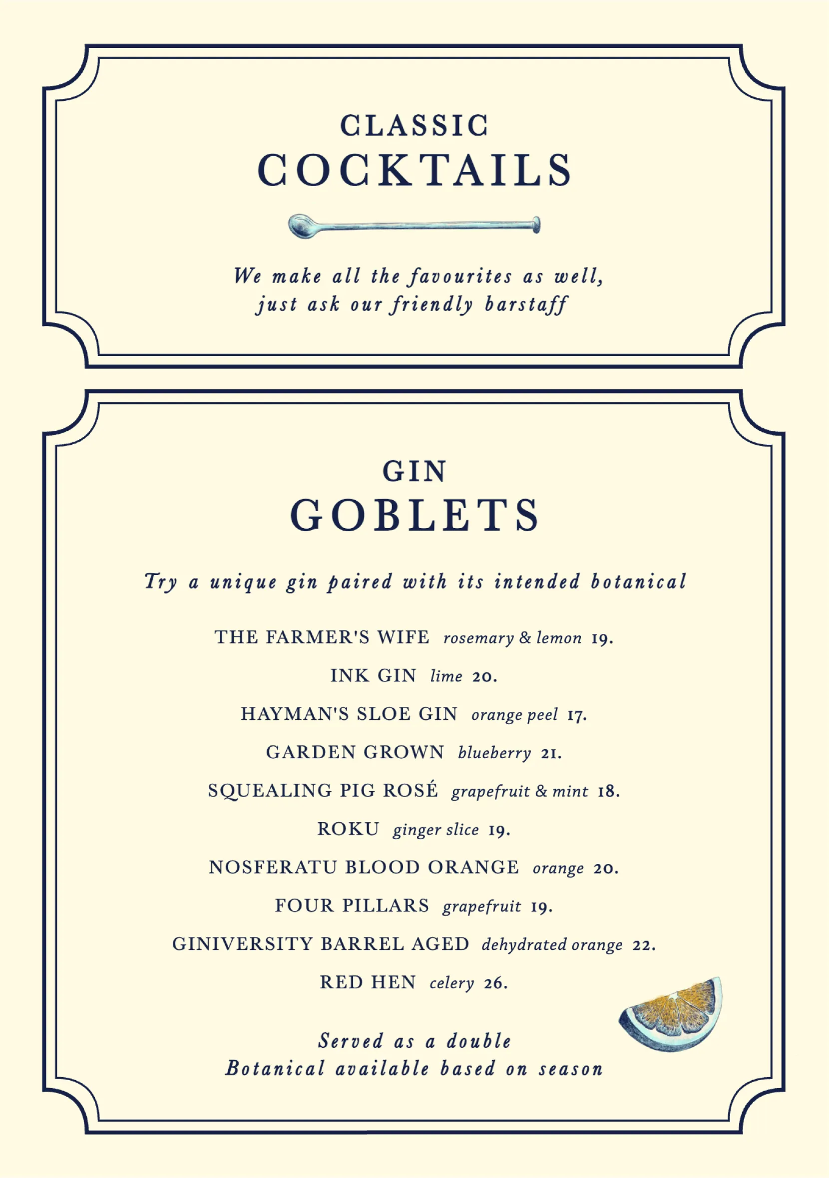 Small Bar cocktail menu design, showing the Classic Cocktails and Gin Goblets page