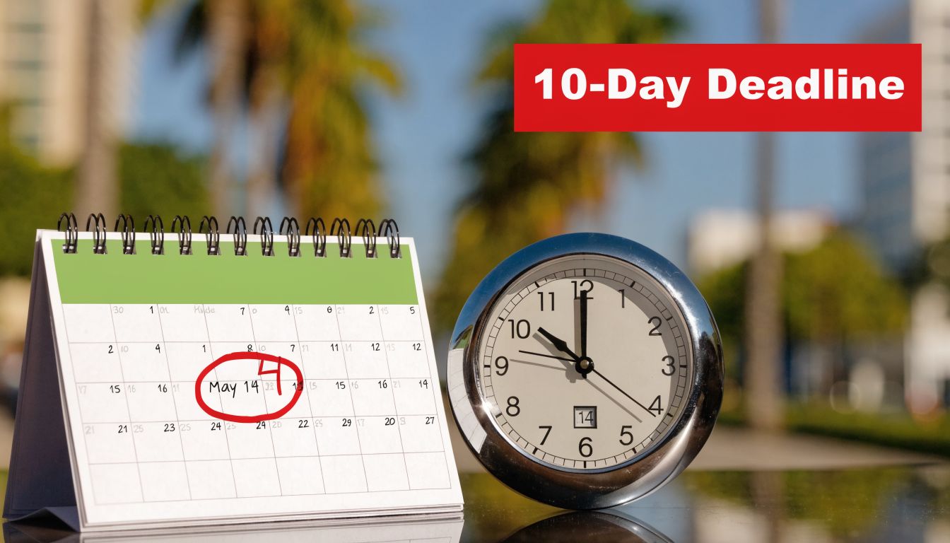 A calendar showing May 14th circled next to a clock representing a strict ten day legal deadline.