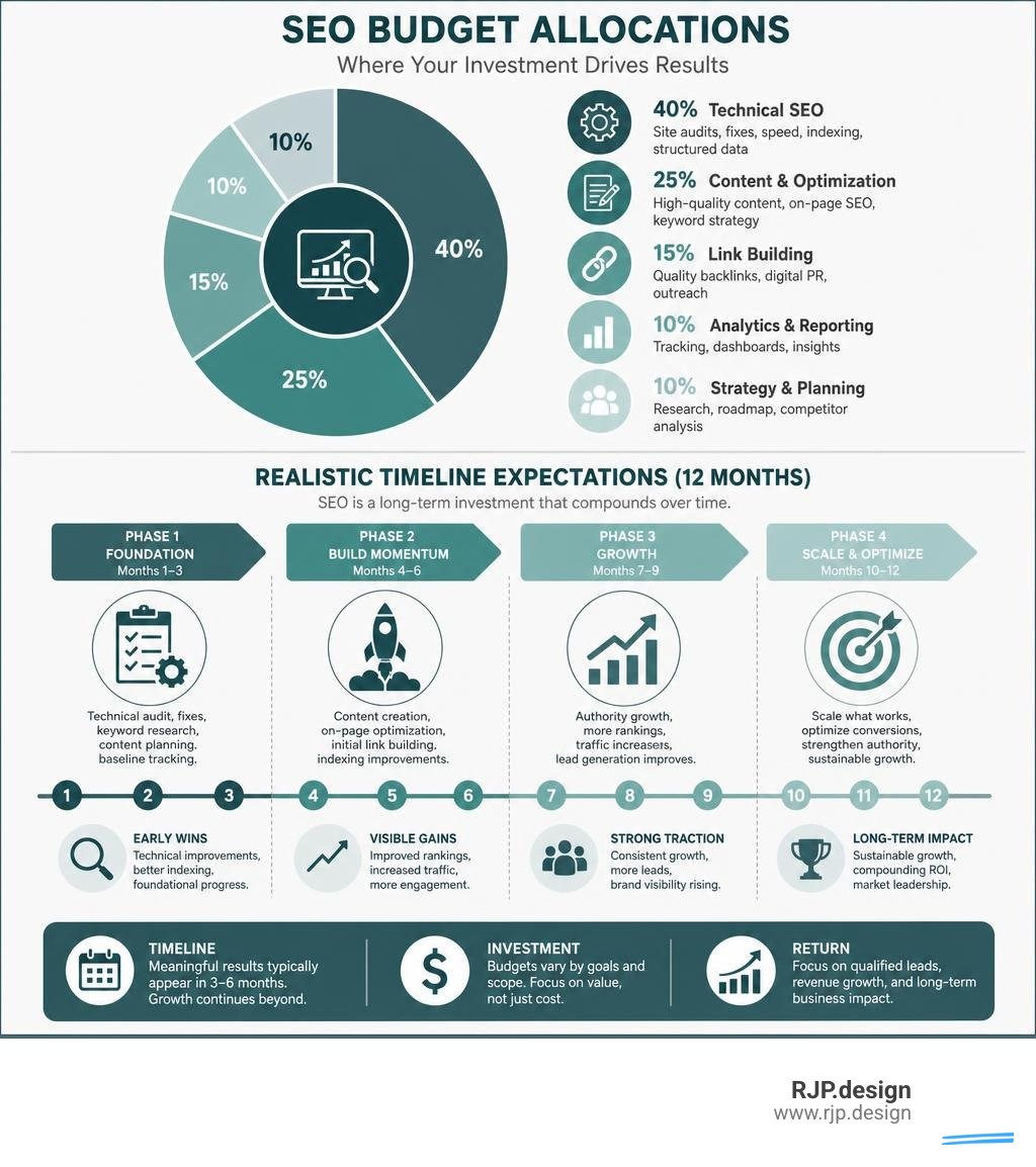 infographic showing SEO budget allocations and realistic timeline expectations over 12 months infographic