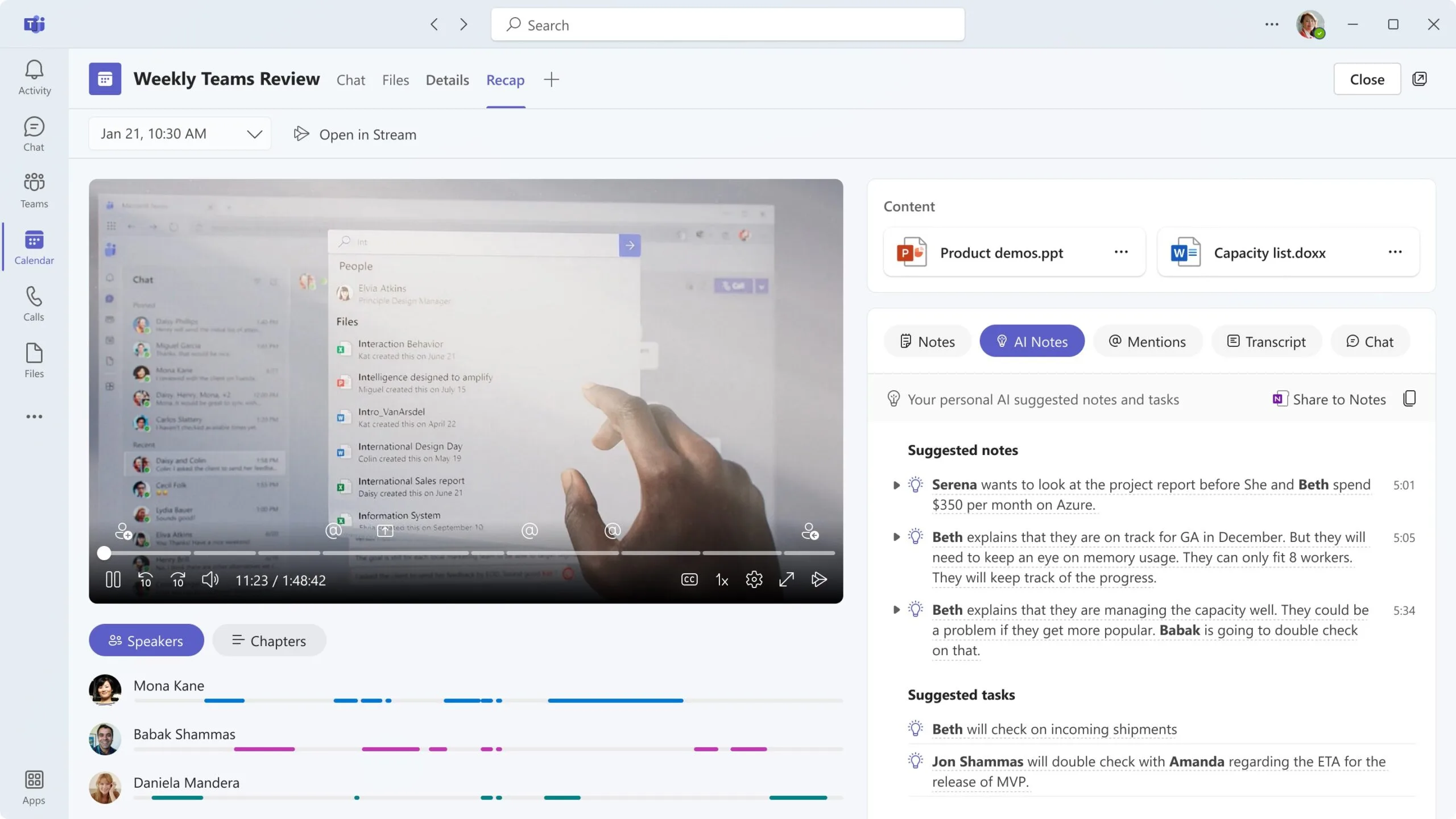 Screenshot of a Microsoft Teams meeting recap page titled “Weekly Teams Review.” The interface shows a recorded meeting video in the center, speaker activity timelines below, and AI-generated meeting notes and tasks on the right. The notes summarize discussion points like project reports, capacity management, and assigned follow-ups. Files such as “Product demos.ppt” and “Capacity list.docx” are attached in the recap.