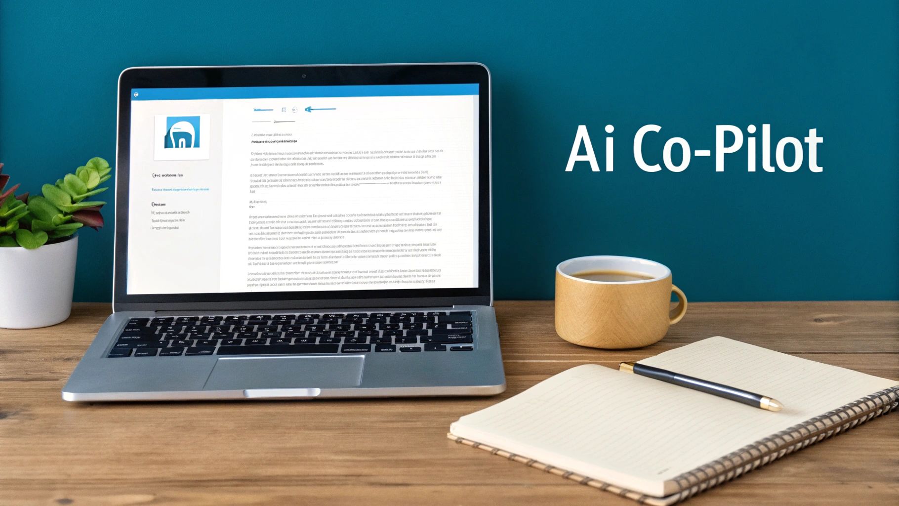 A professional working on a laptop with abstract AI-themed graphics in the background.