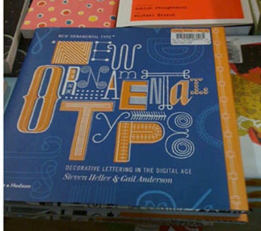A blue cover of a book with white and orange styled letters saying: New Ornamental Type.