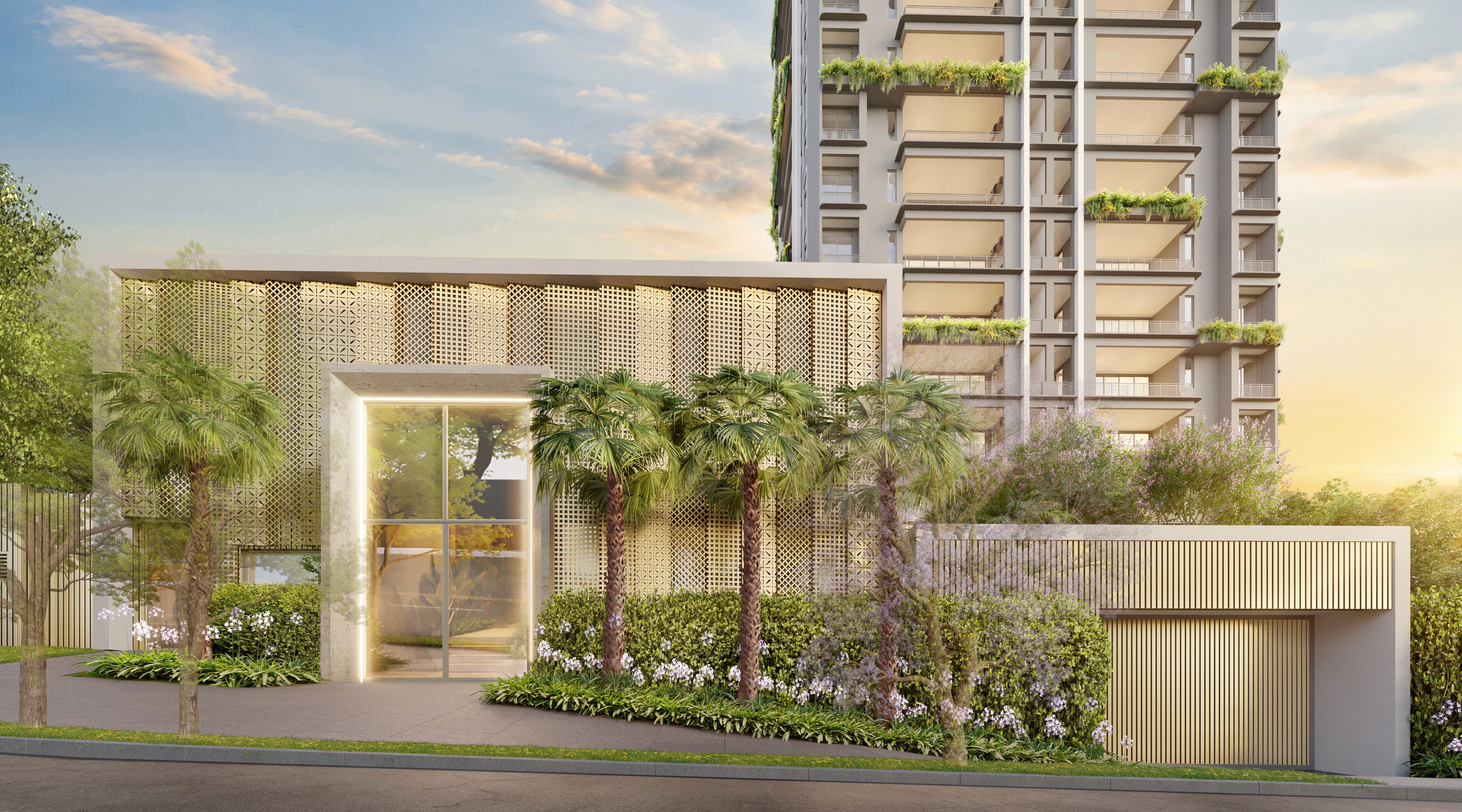 Curved modern skyscraper against a clear blue sky.