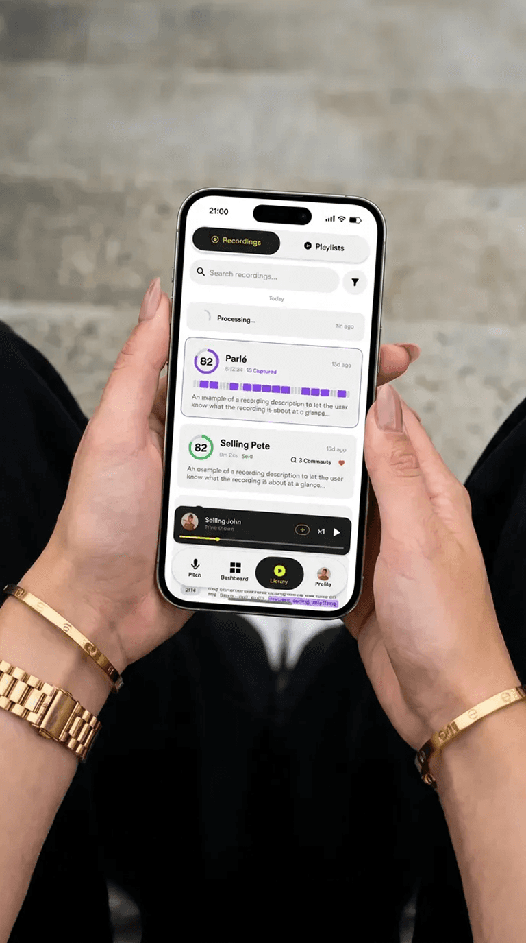 Saleswoman viewing her sales pitch scores on her iphone
