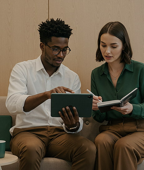 Two business professionals sitting together in a modern office, discussing something on a digital tablet. The man wears glasses and a white shirt, while the woman, dressed in a green blouse, takes notes in a notebook. The background features light wooden panels, creating a clean and professional setting.