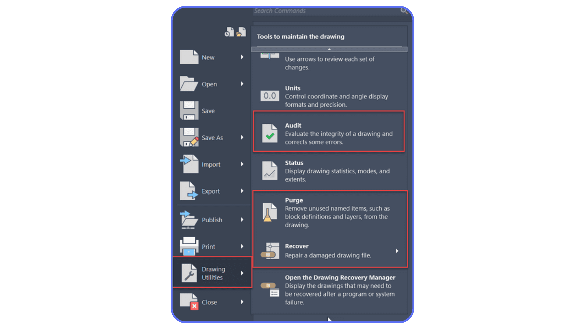 AutoCAD drawing utilities menu highlighting Purge and Audit tools for cleaning and repairing drawings to boost performance.