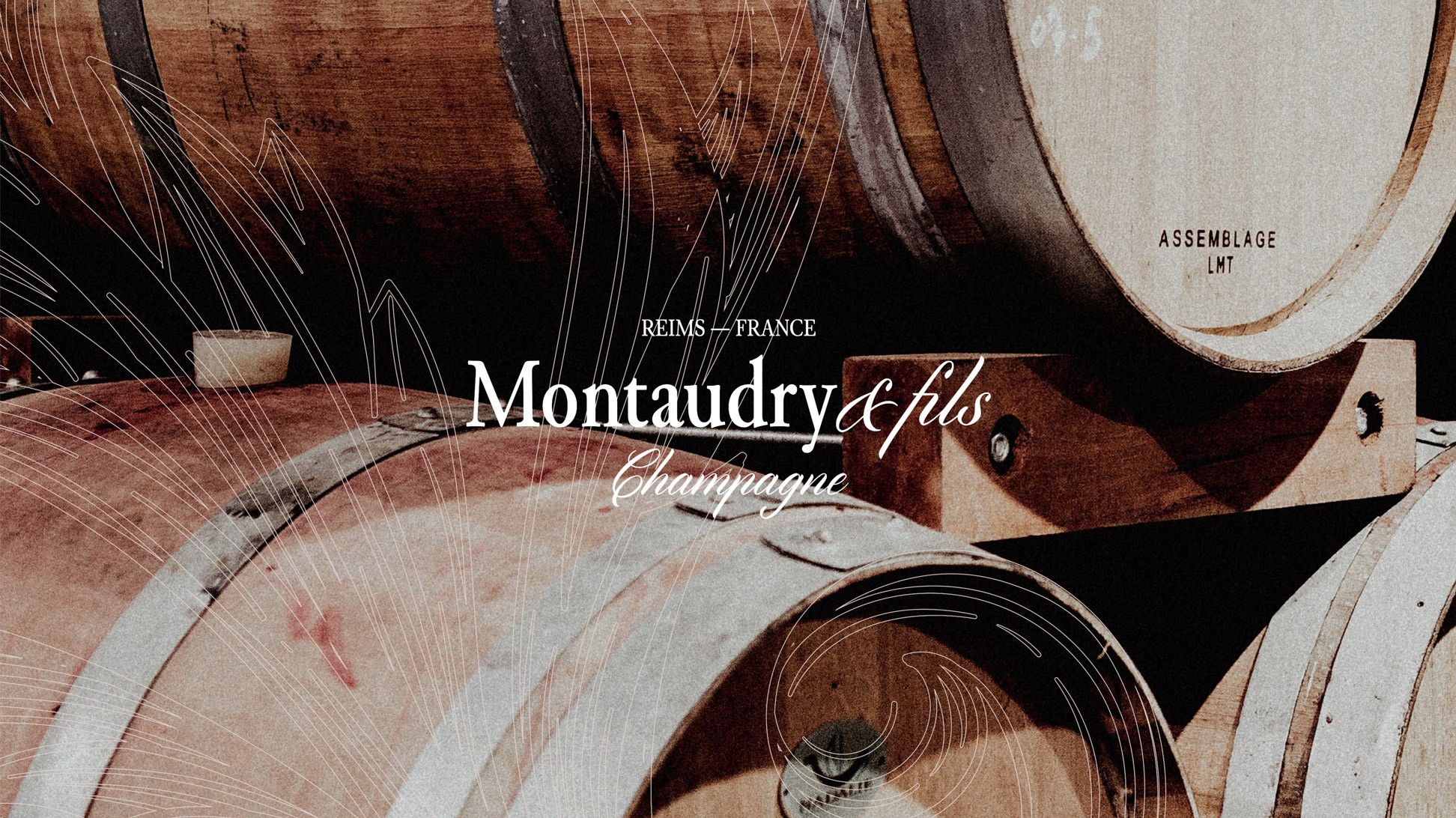 Logo Montaudry & fils sur une photo de tonneaux de champagne