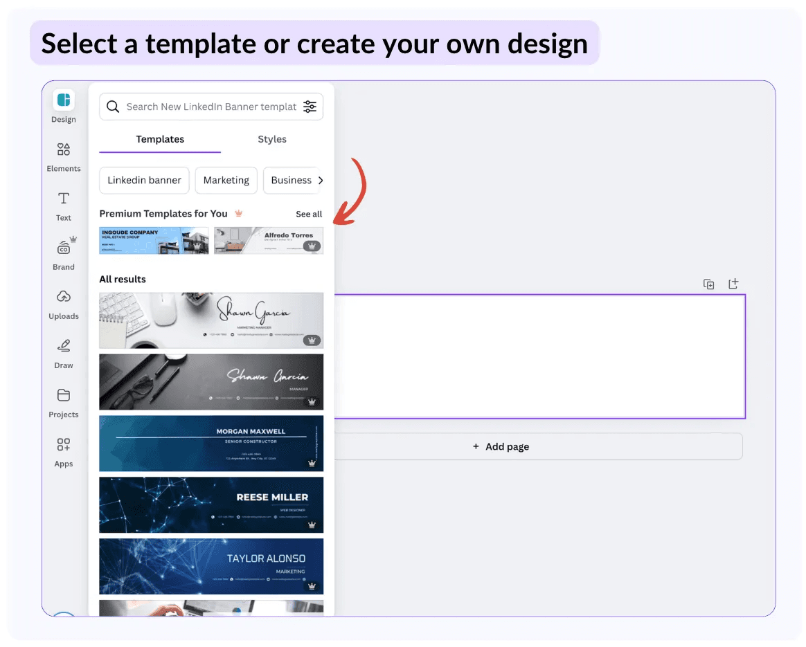 Pour créer une bannière LinkedIn sur Canva, vous pouvez sélectionner un modèle ou concevoir votre propre design