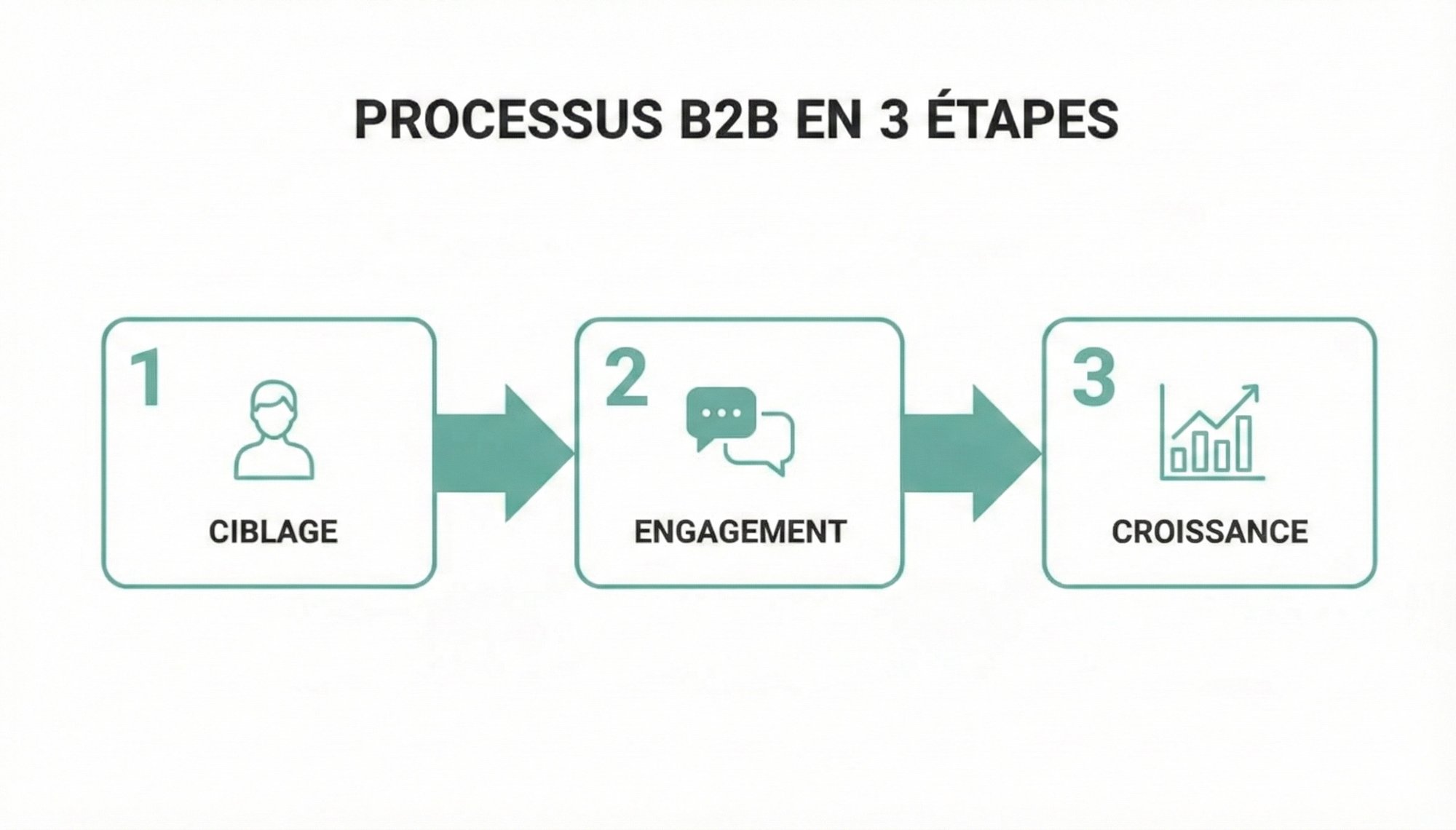 Schéma simple illustrant le processus B2B en trois étapes : ciblage, engagement et croissance, avec des icônes claires.