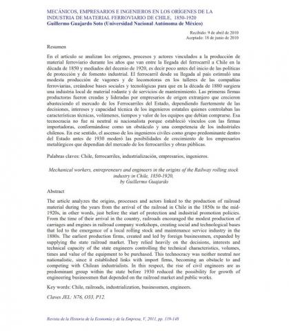 Mecánicos, empresarios e ingenieros en los orígenes de la industria de material ferroviario de Chile, 1850-1920