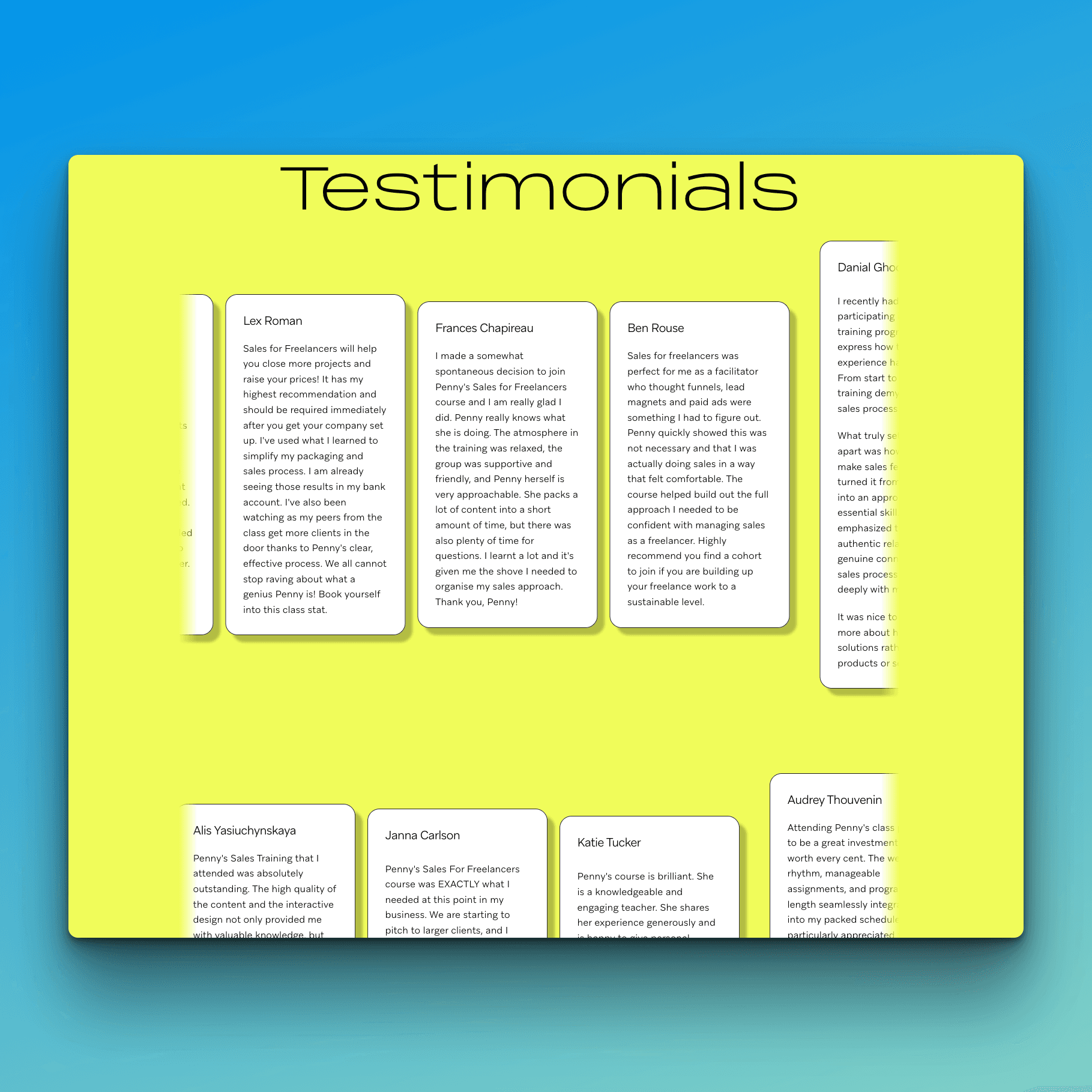 Screenshot sales for freelancers com Testimonials hero section
