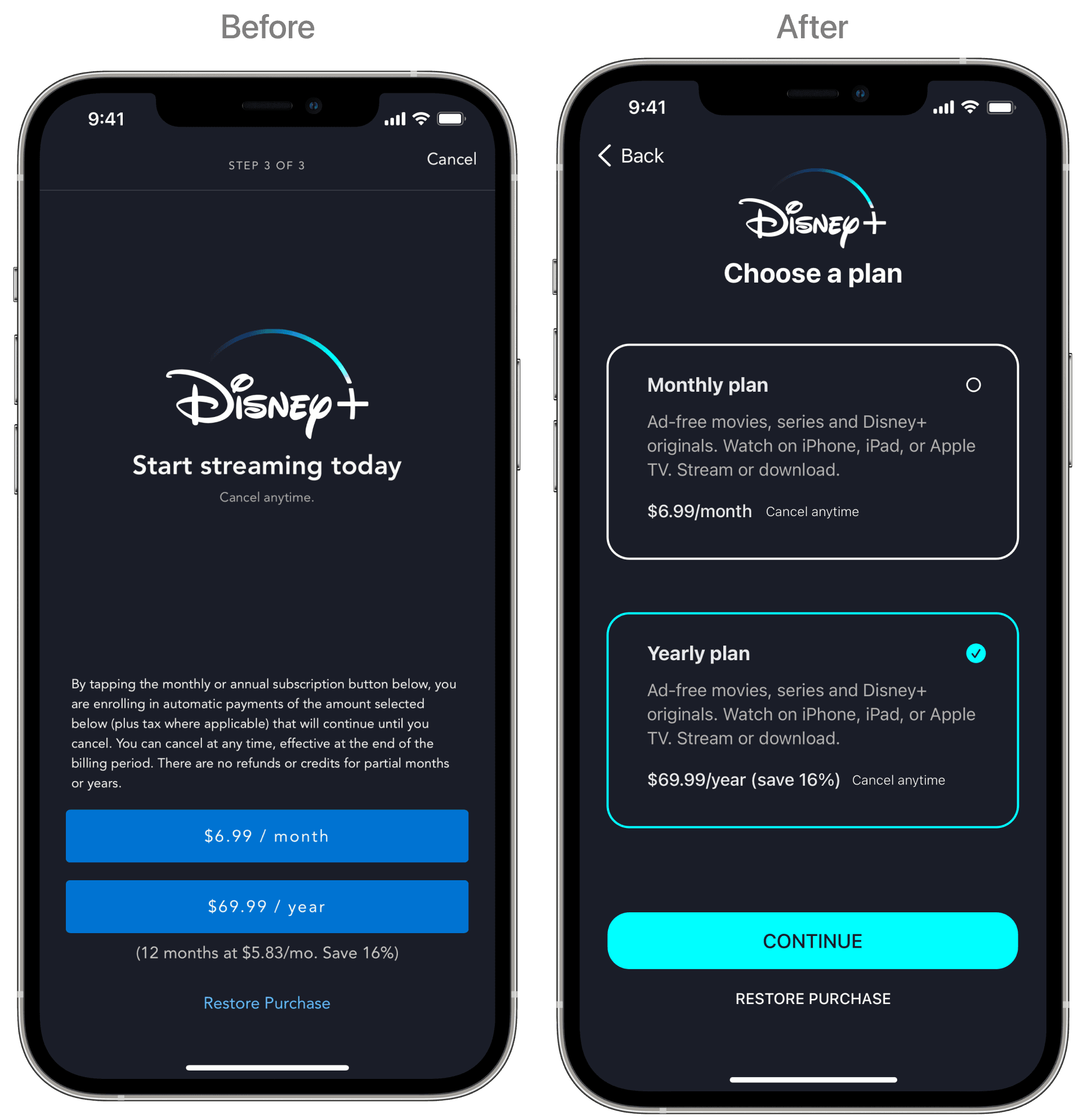 Disney+ subscription plan screen before and after the rewrite