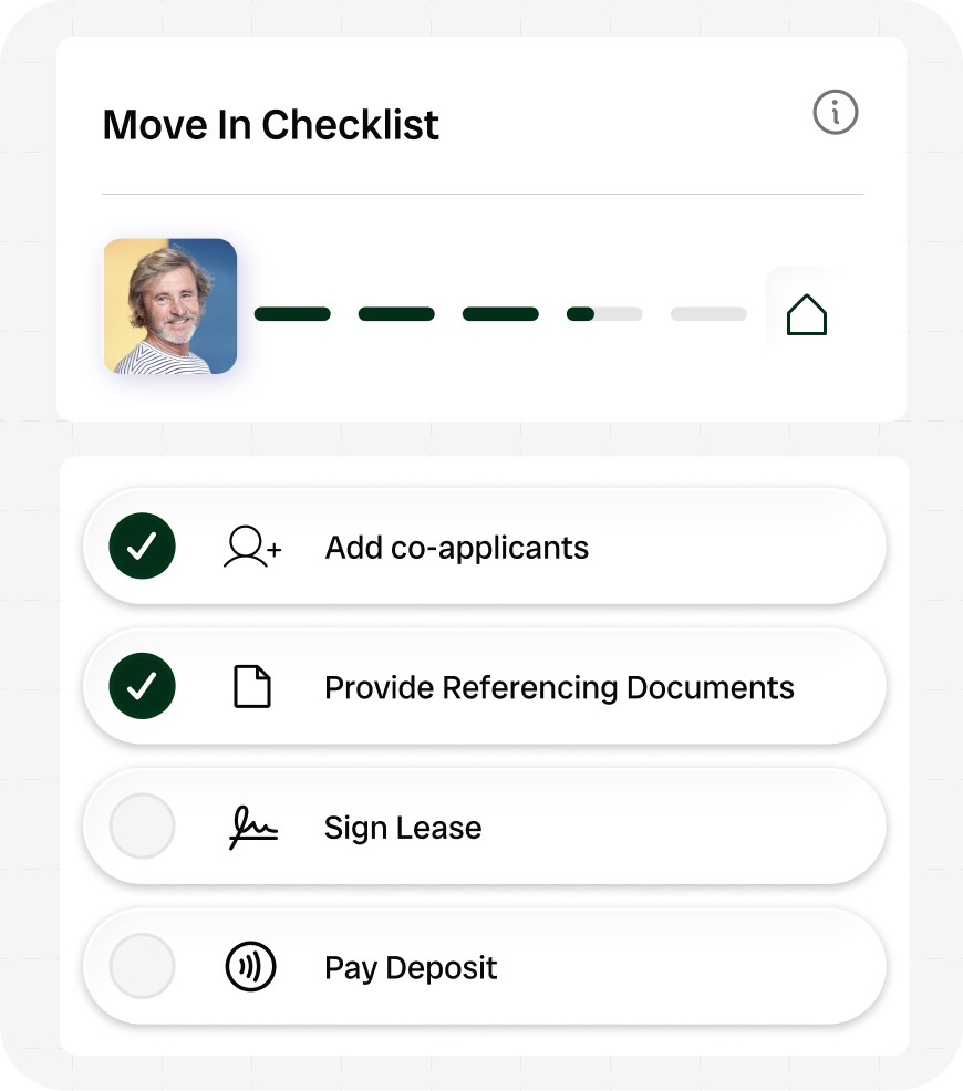 Vinny move-in checklist showing a resident's progress, with two tasks completed and two remaining