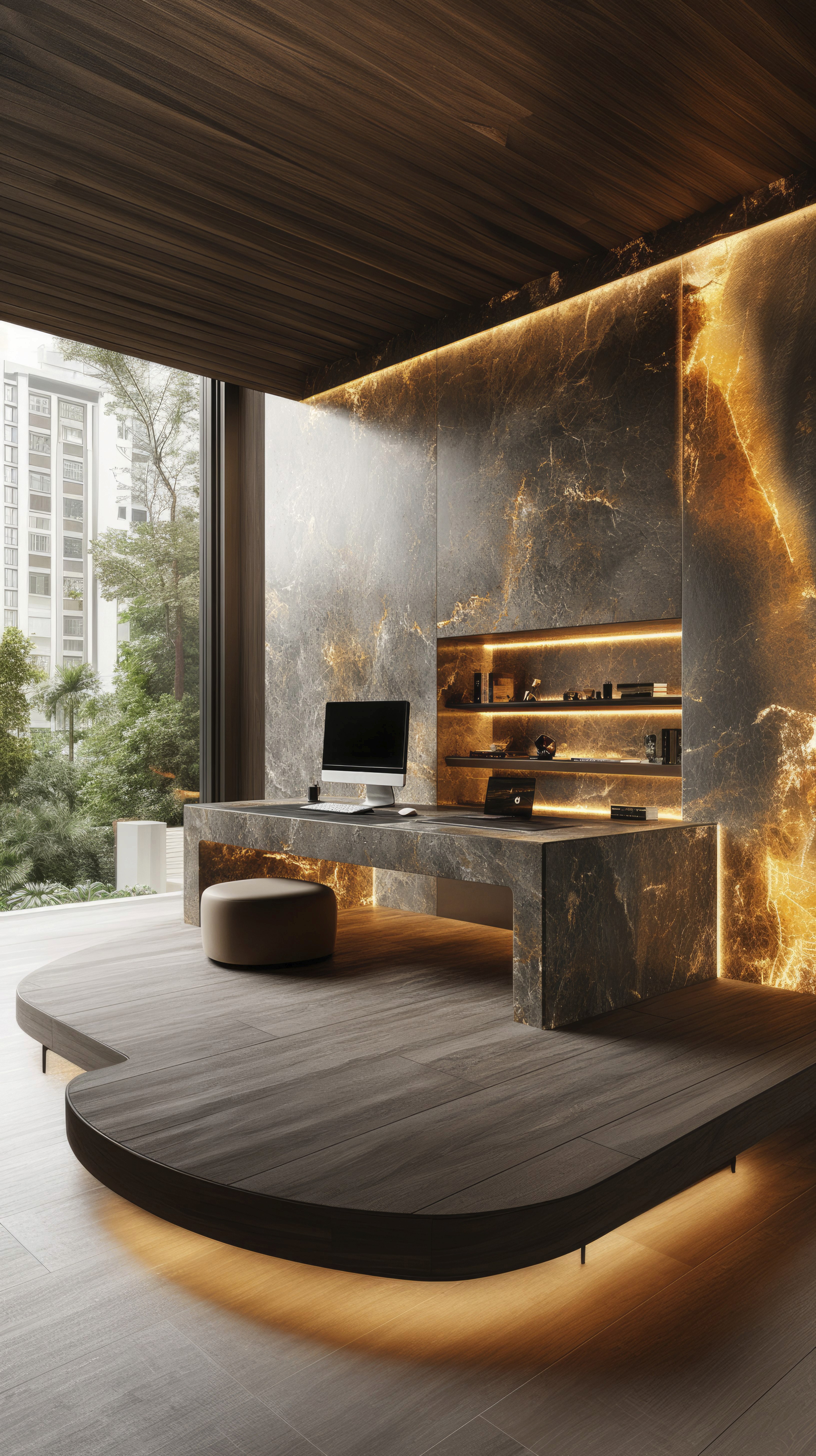 Modern home office with a sleek wooden desk, backlit marble wall, floating shelves, and ambient lighting. Large window with lush garden view.