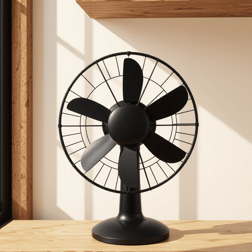 product photography of a black stove fan designed to improve heat distribution