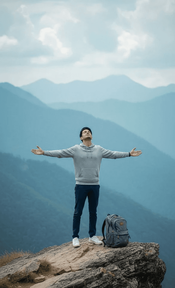 Hombre con los brazos abiertos en lo alto de una montaña, imagen de reencontrar el sentido de la vida