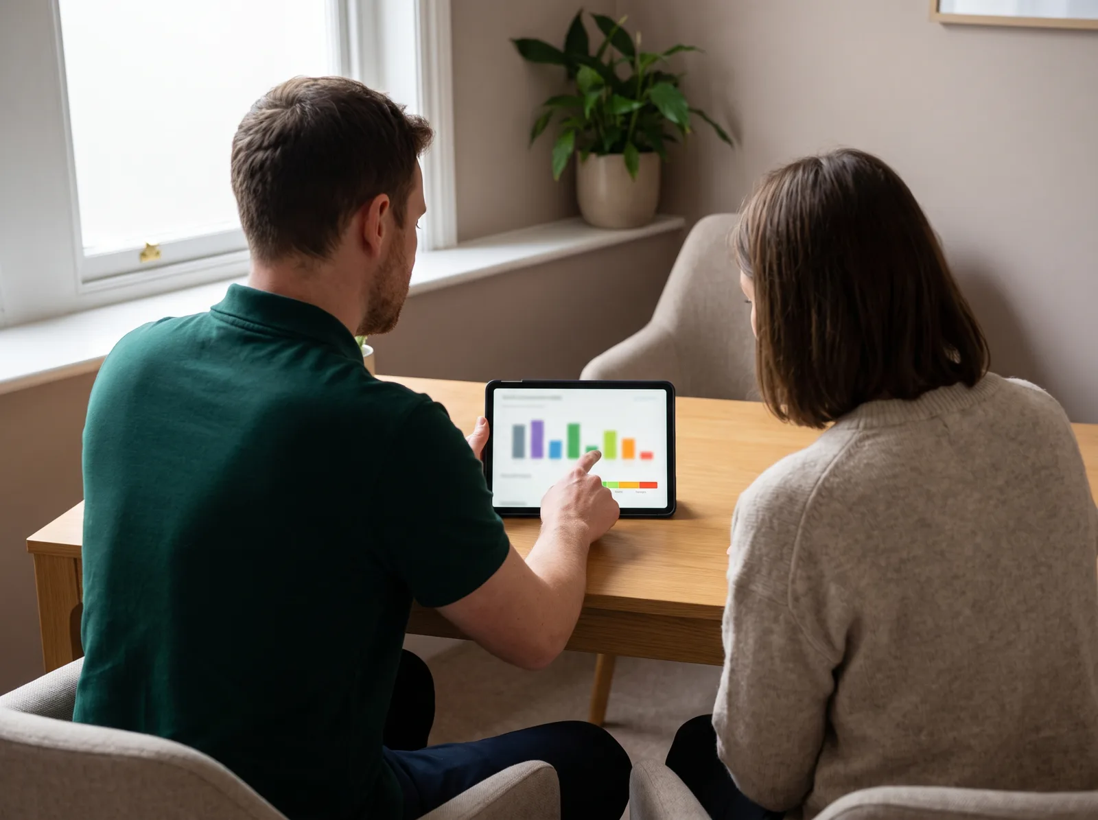 Pharmacist and patient looking at test results on a tablet