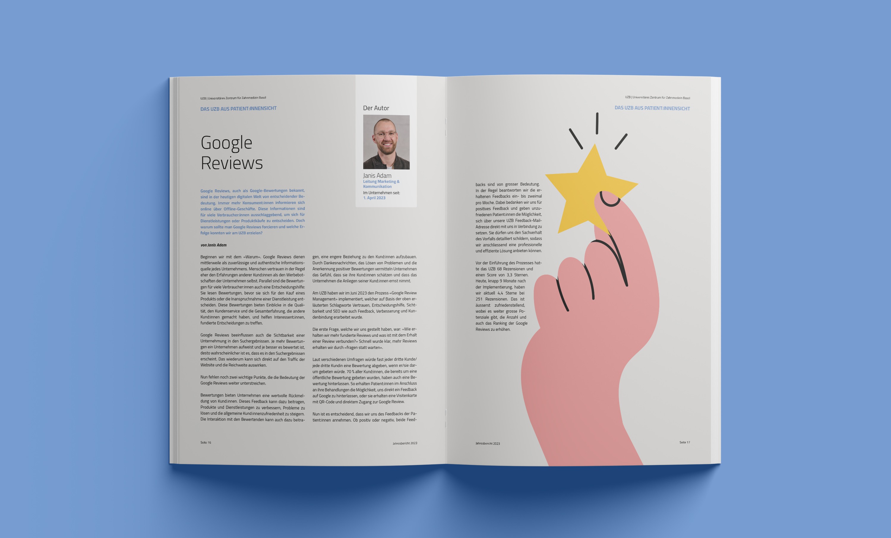 Farbkonzept und Designelemente im Editorial Design des UZB Jahresberichts 2023 – helle, freundliche Markenästhetik