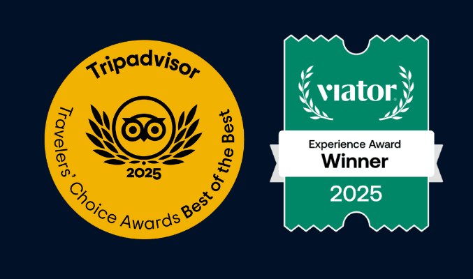 Two award badges on a dark background: on the left, the Tripadvisor Travelers’ Choice Awards Best of the Best 2025 gold emblem; on the right, the Viator Experience Award Winner 2025 green ticket-shaped badge.