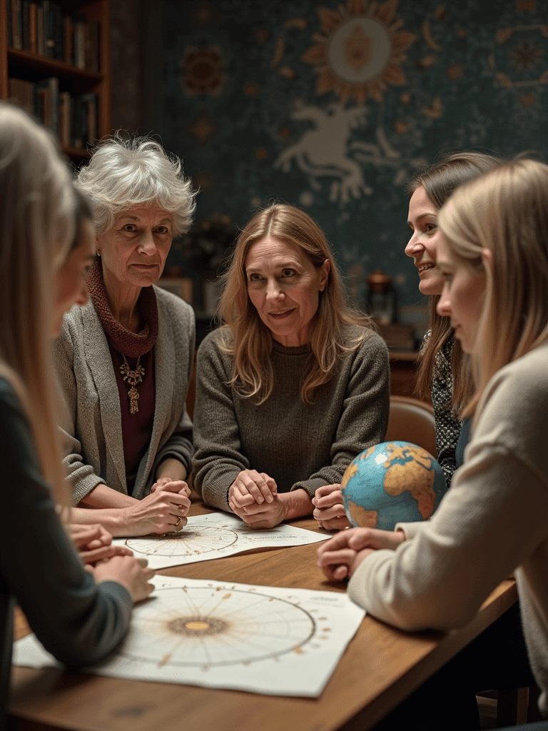 A group of six women gathers around a table, discussing and working on papers, with a globe nearby.