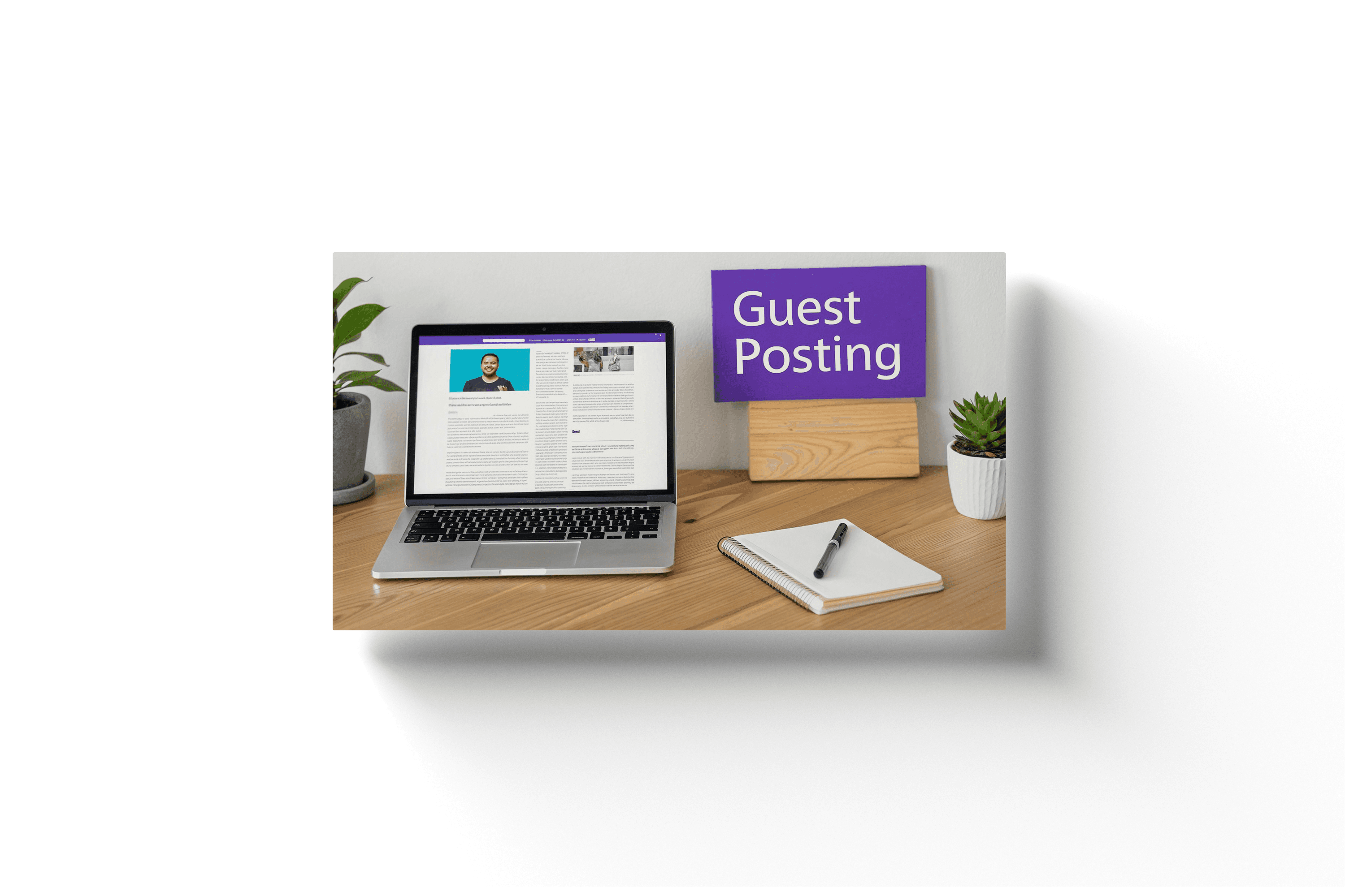 a laptop on a wooden desk with a purple card in the background displaying the text 'guest posting'