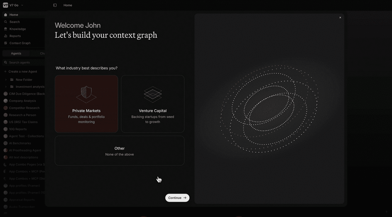 A product screenshot of the V7 Go onboarding flow, showing a modal titled Welcome John, Let's build your context graph, asking the user to select an industry: Private Markets, described as funds, deals, and portfolio monitoring and shown selected, or Venture Capital, described as backing startups from seed to growth, with an animated sphere of dotted rings on the right.