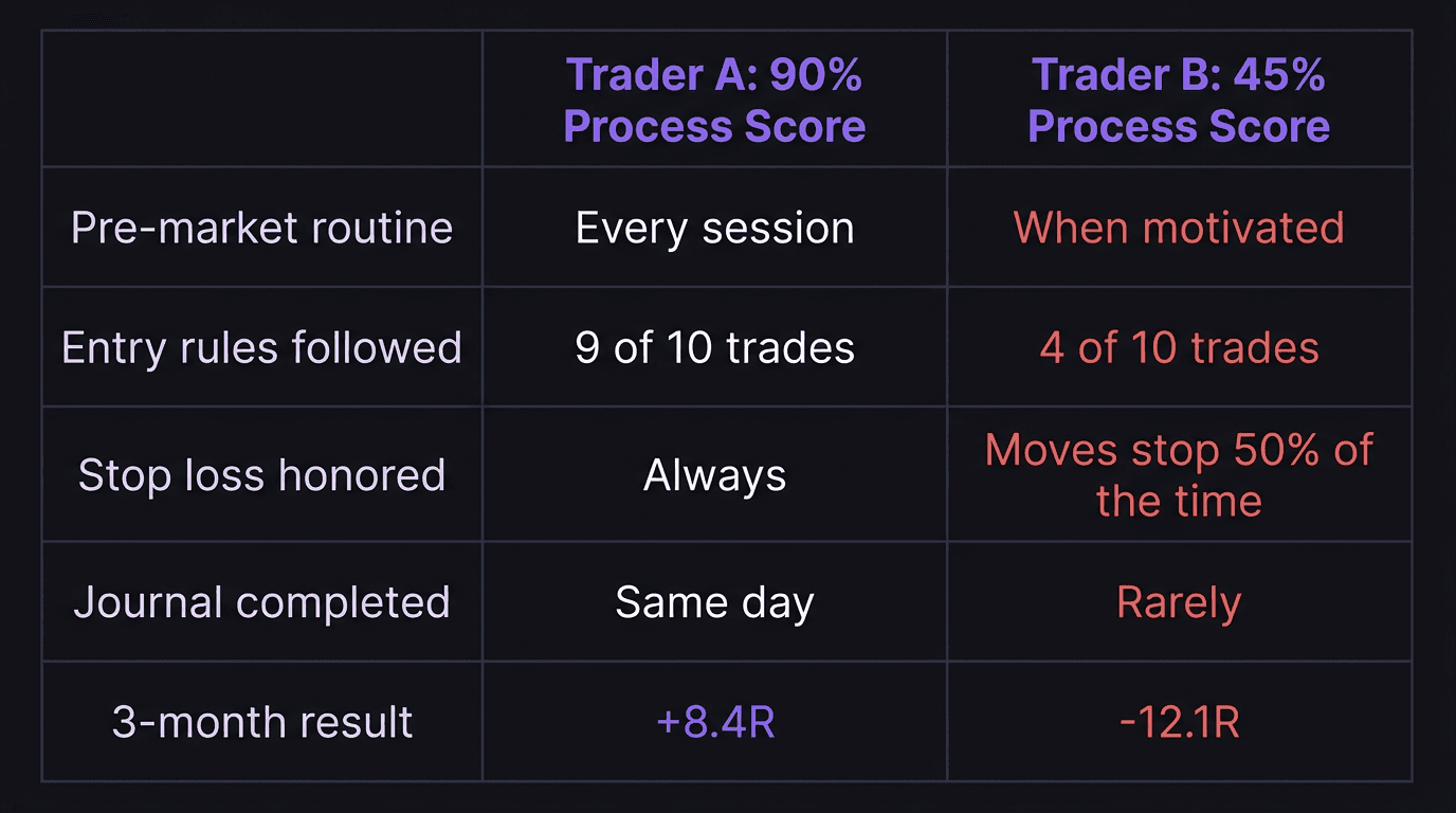 Comparison table showing two trader profiles with different consistency scores and outcomes