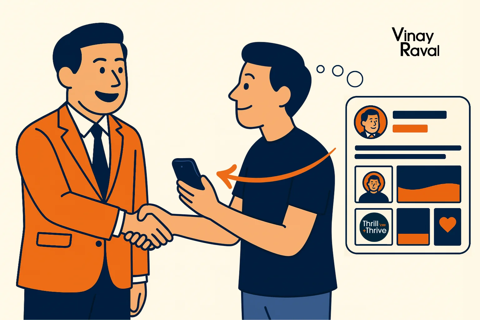 illustration-of-man-in-suit-shaking-hands-with-man-holding-phone-next-to-social-profile-and-thrill-em-thrive-logo