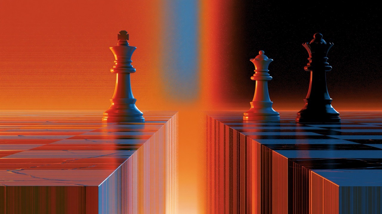 Two chess kings facing each other on opposite ends of a cracked marble chessboard, dramatic chiaroscuro shadows, deep crimson and charcoal