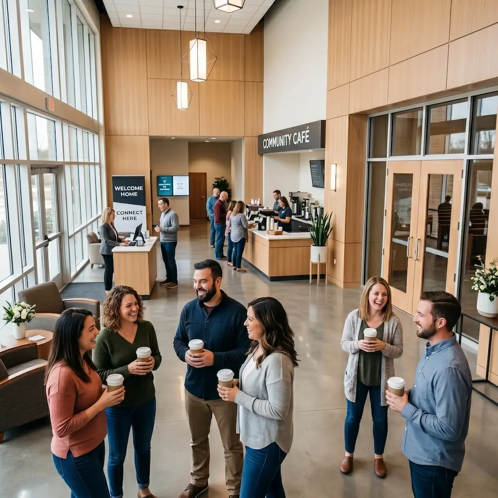 People connecting over coffee in a church community café