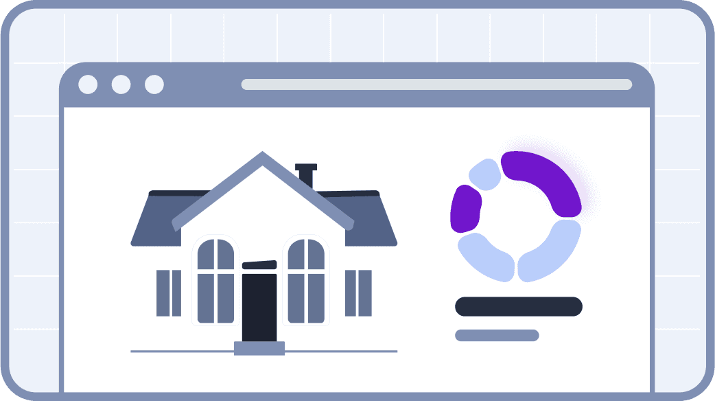 The image depicts a stylized browser window displaying an illustration of a house beside a multicolored circular graph, symbolizing real estate analytics or property market analysis.