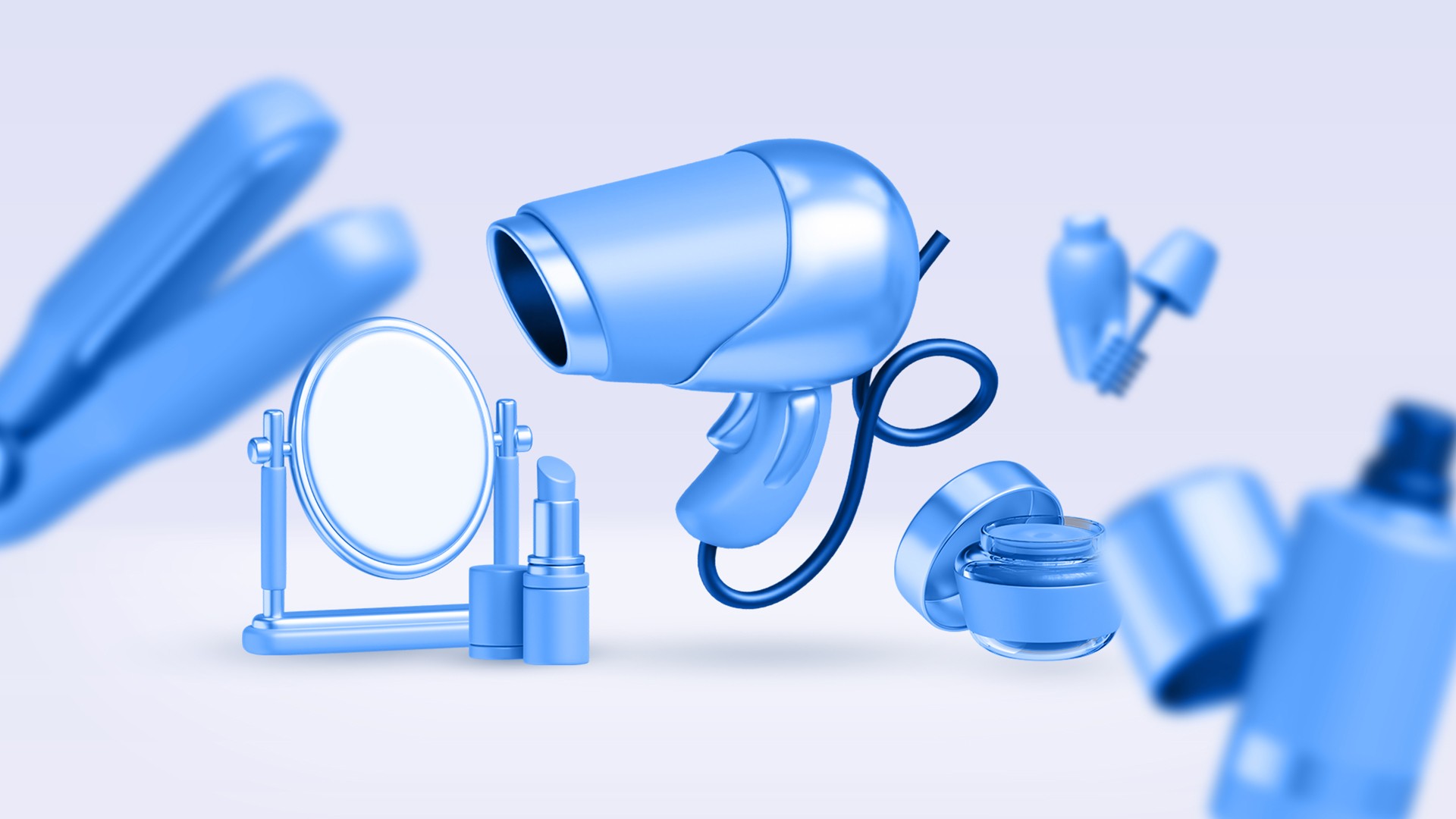 icone di phone, piastra per capelli, specchio e altri accessori makeup