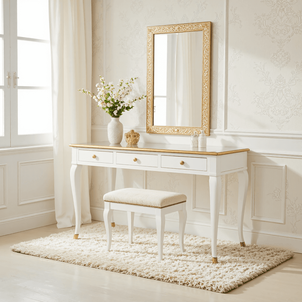 product photography of a vanity table with a mirror and stool