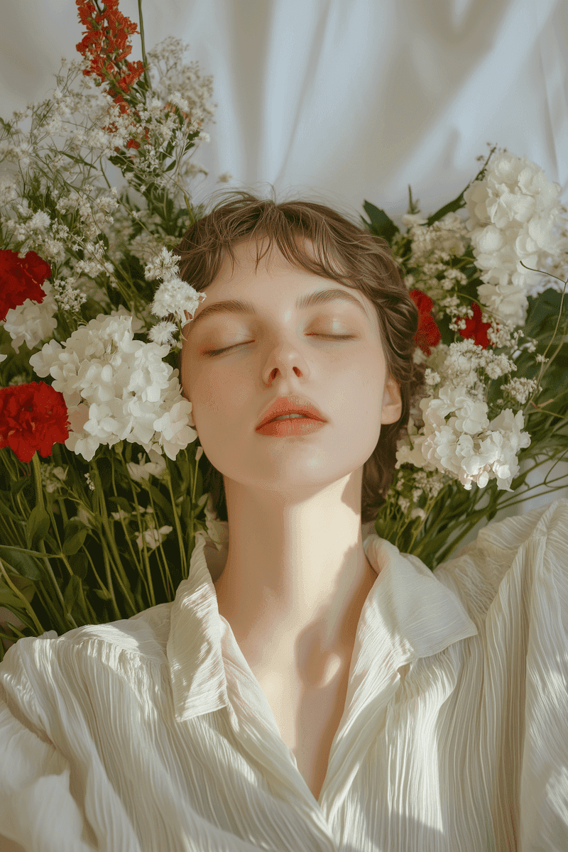 A serene individual with closed eyes, wearing a white blouse, is surrounded by delicate white and red flowers against a softly lit background, creating a peaceful and natural ambiance.