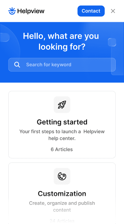 Helpview embedded help center widget showing search and article categories.