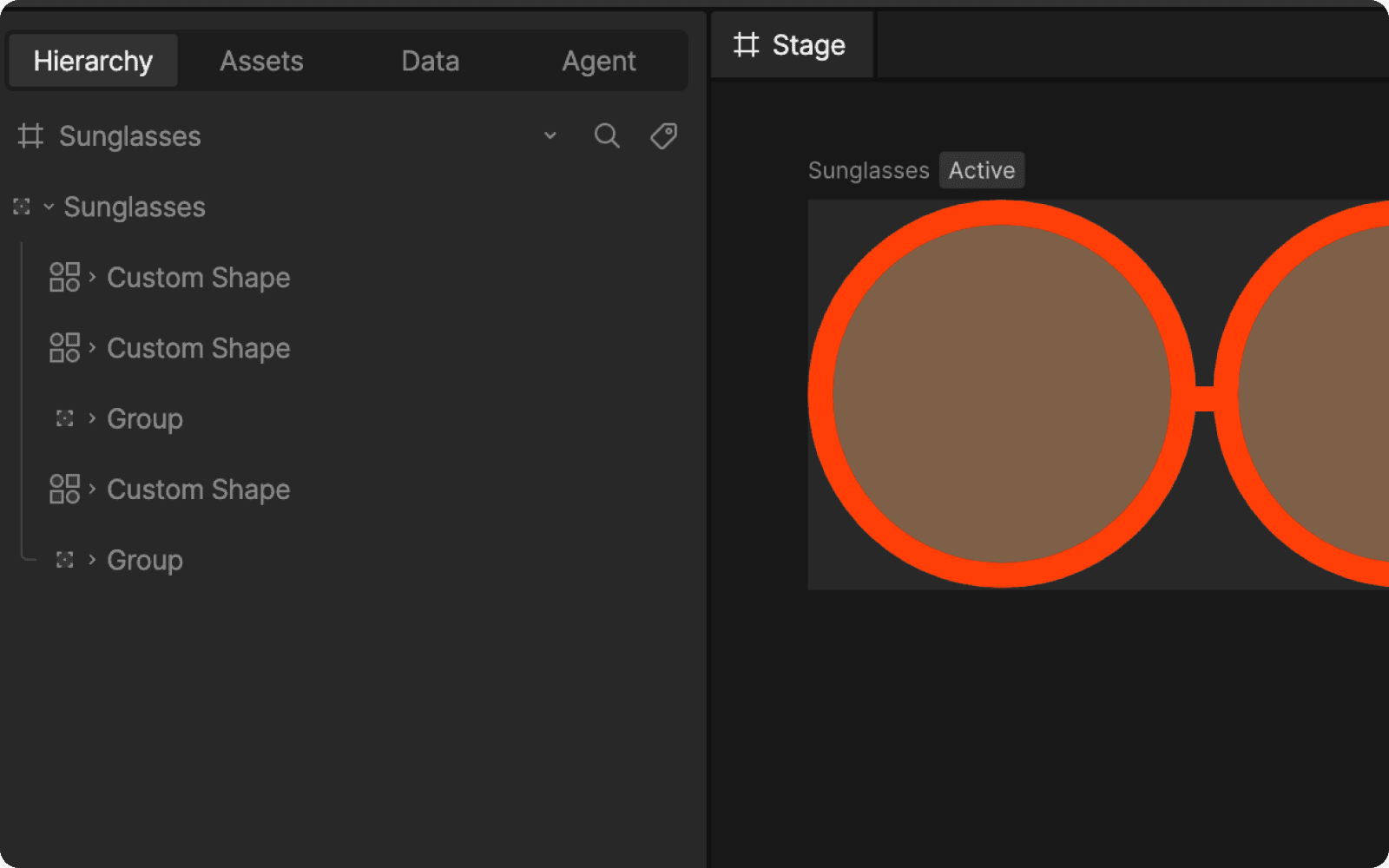 Sunglasses element copied from Figma as an isolated SVG Component inside Rive