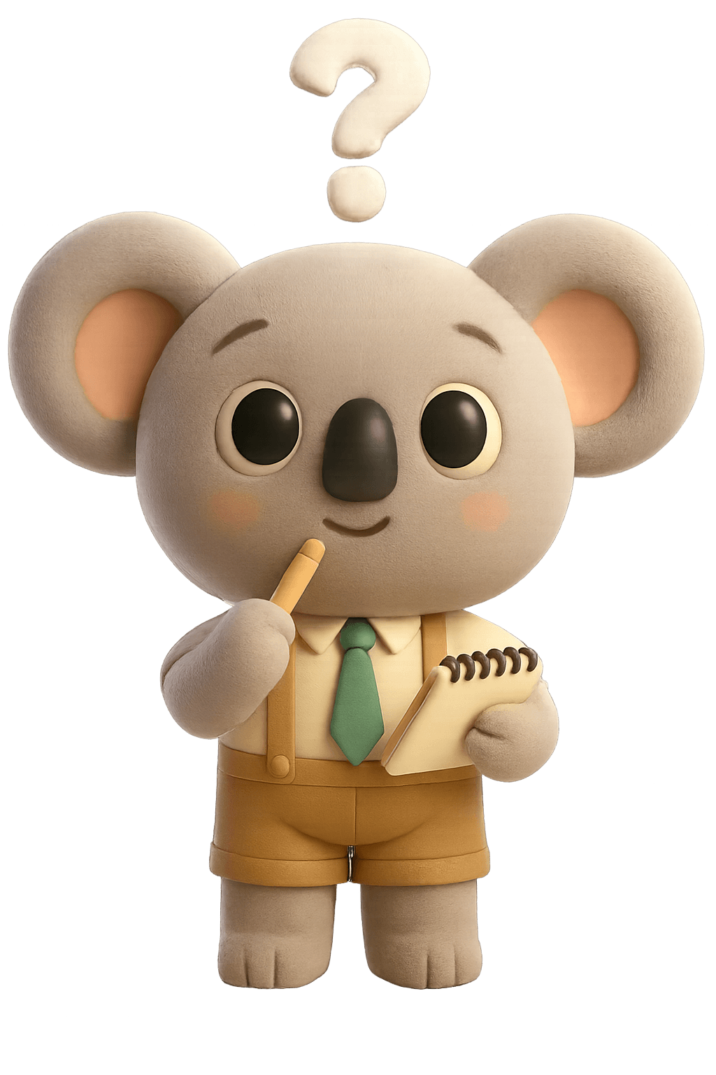 A curious cartoon-style koala stands holding a notepad and pencil. It wears tan shorts, a cream shirt, and a green tie. A large question mark floats above its head, suggesting it's thinking, wondering, or asking a question. The koala's expression is thoughtful and slightly inquisitive, symbolising curiosity, problem-solving, or planning.