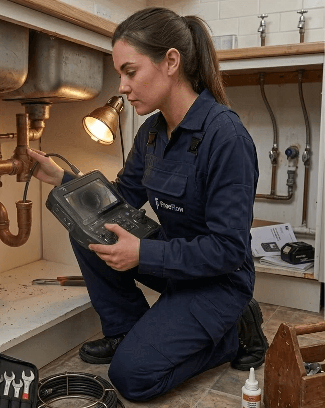 Female plumber inspecting plumbing under a kitchen counter using a flashlight.