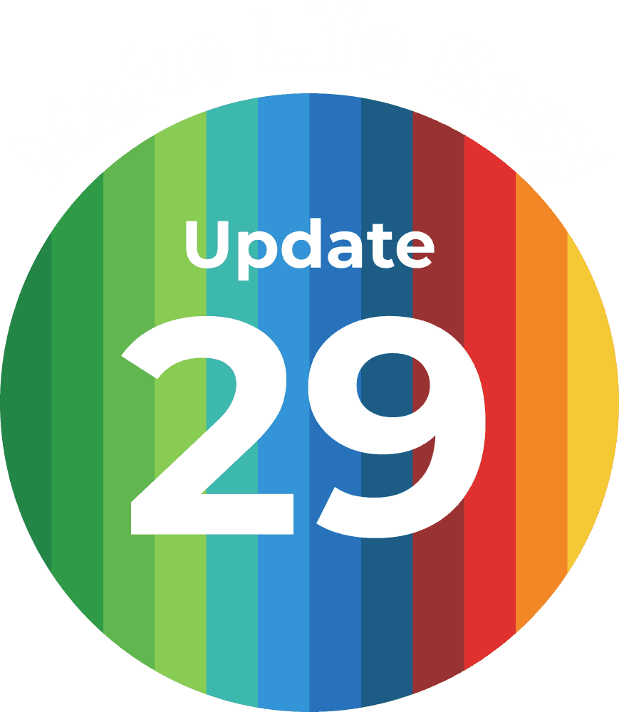 Icon featuring a blue background with a rainbow-colored rocket, marking "Update 28" prominently in the center.