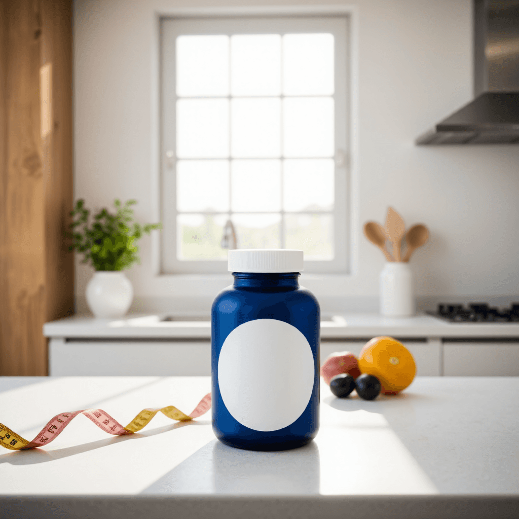 product photography of a bottle of dietary supplement capsules for weight management