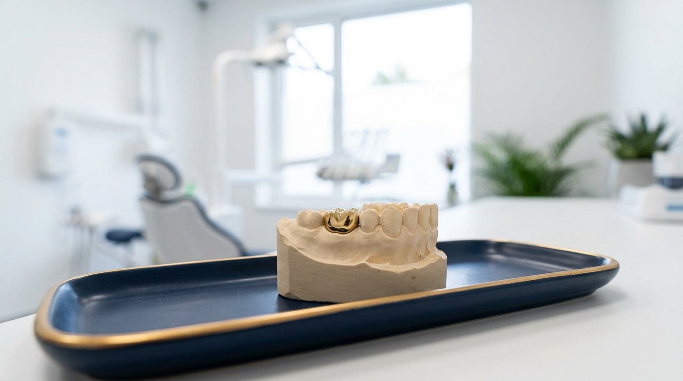 A plaster dental model with a gold crown on one molar rests on a navy tray in a bright, softly blurred dental room.