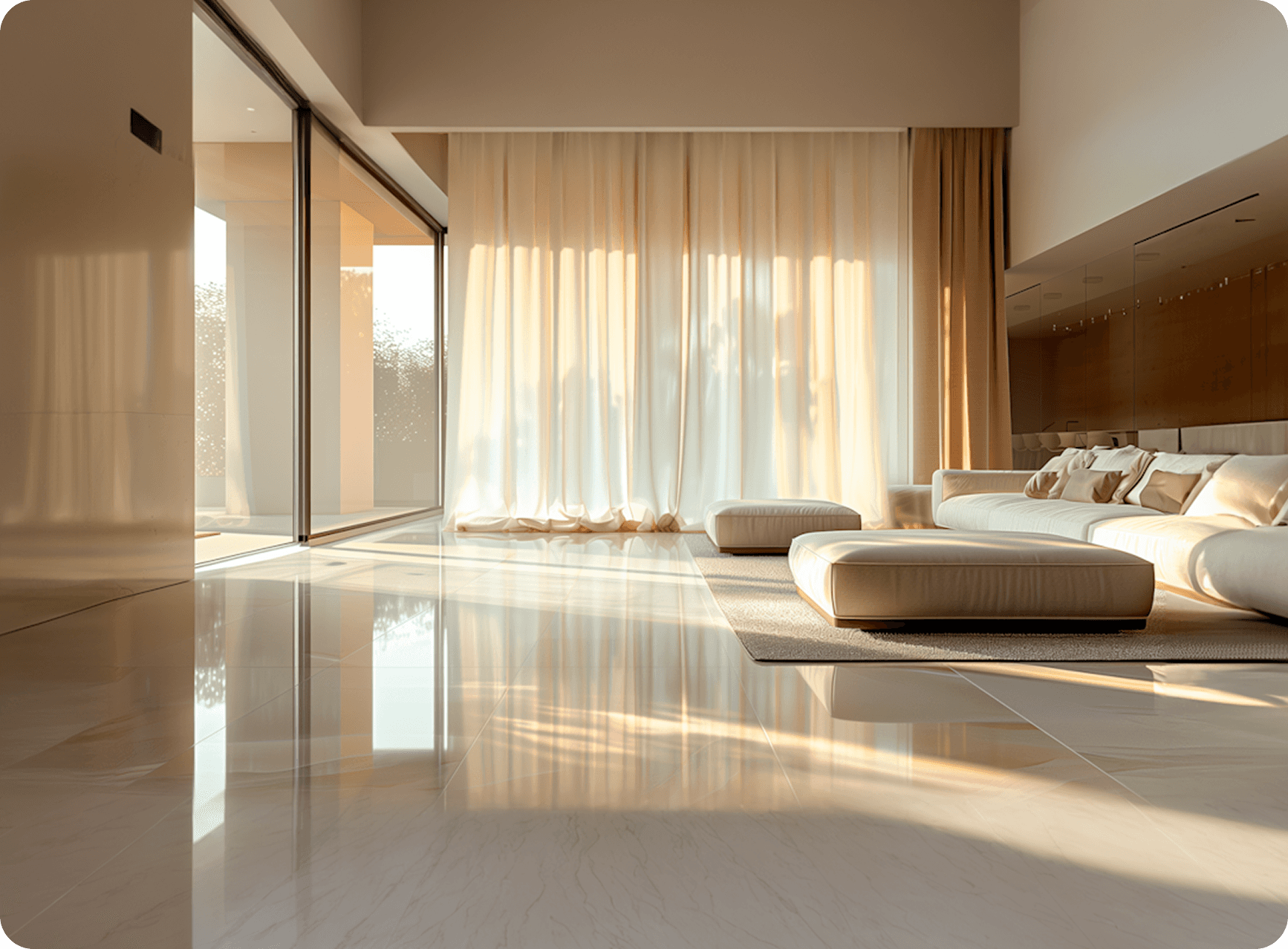 Clean living room with natural light and bed