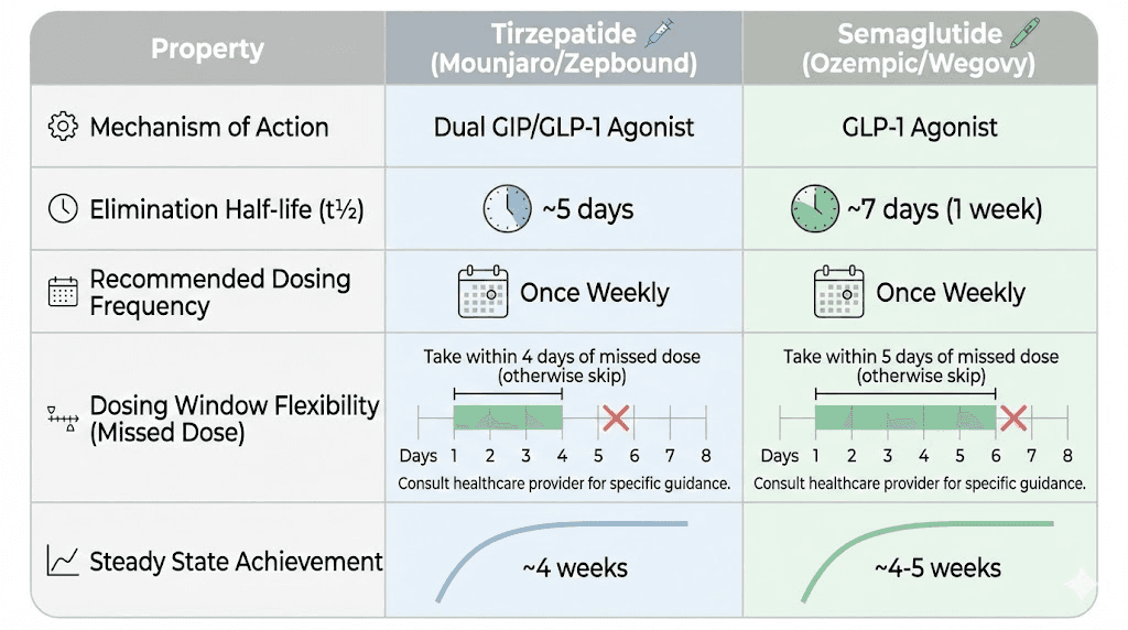 Tirzepatide versus semaglutide pharmacokinetics comparison showing half-life and dosing flexibility