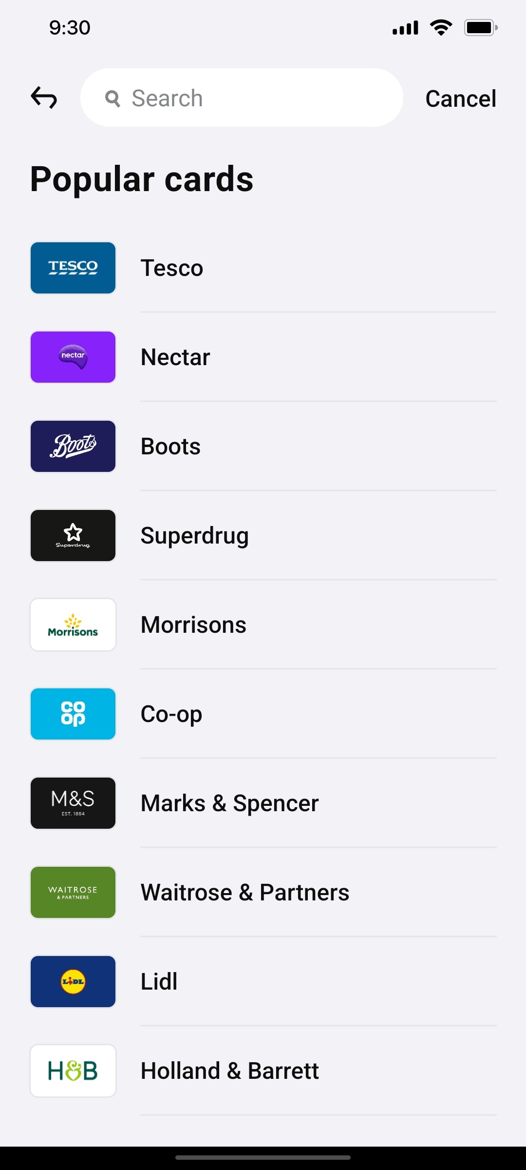 Klarna Popular Cards Page Screen
