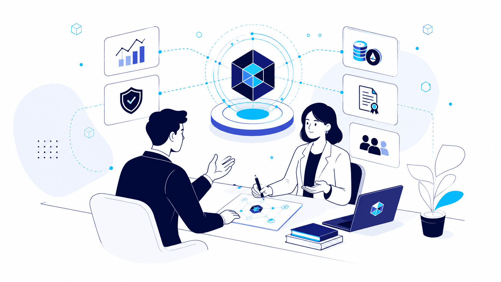 Illustration of a founder and consultant discussing blockchain advisory services, with icons for growth, security, and compliance.