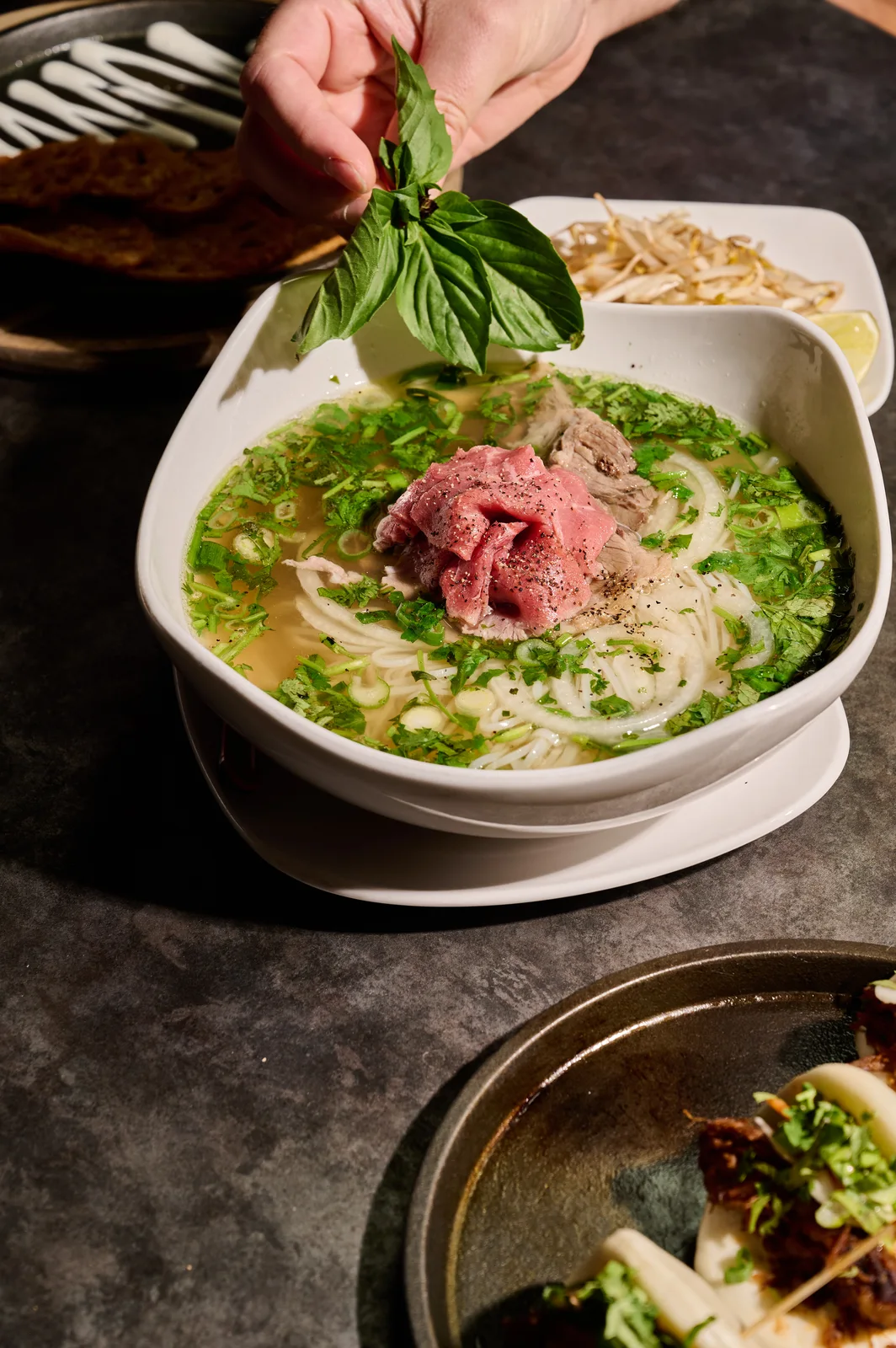 Basil held above a Ninja City pho bowl with beef and rice noodles
