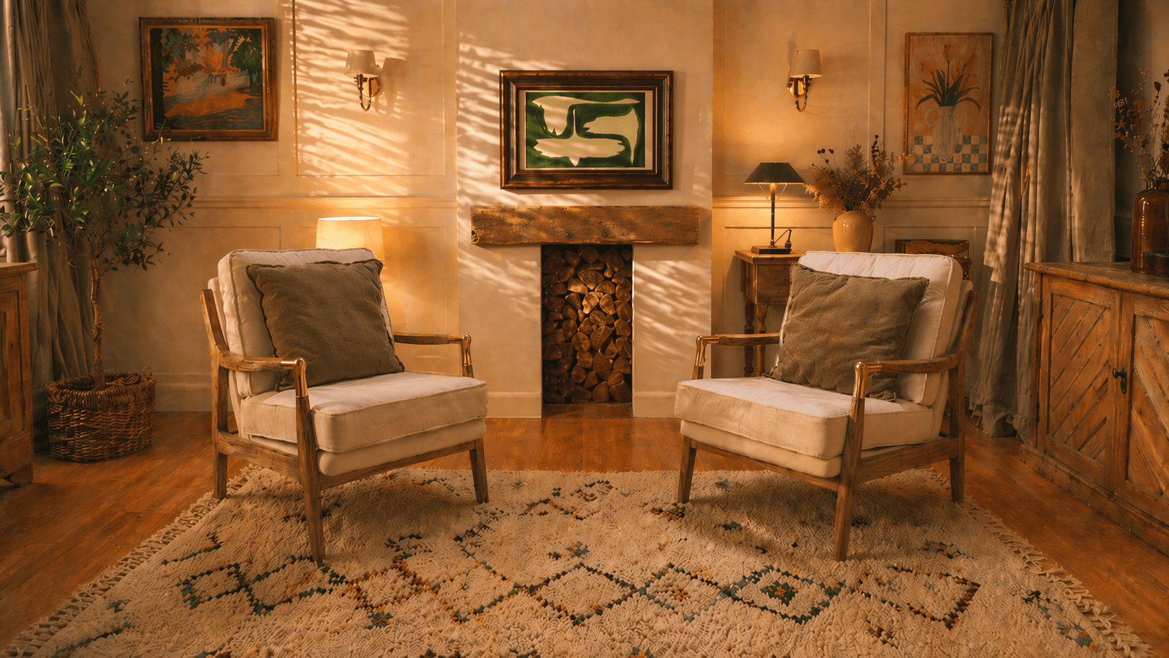 Styled video podcast studio lounge with armchairs, microphones and high-quality audio recording